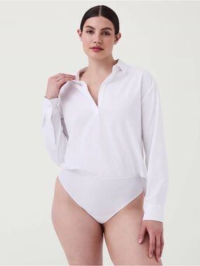 Spanx Classic White Long-Sleeve V-Beck Collared Shaping Bodysuit NYT